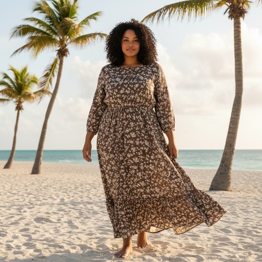 The Main Street Exchange Brown Floral Maxi Dress 3X Modest Tiered Ruffle 3/4 Sle